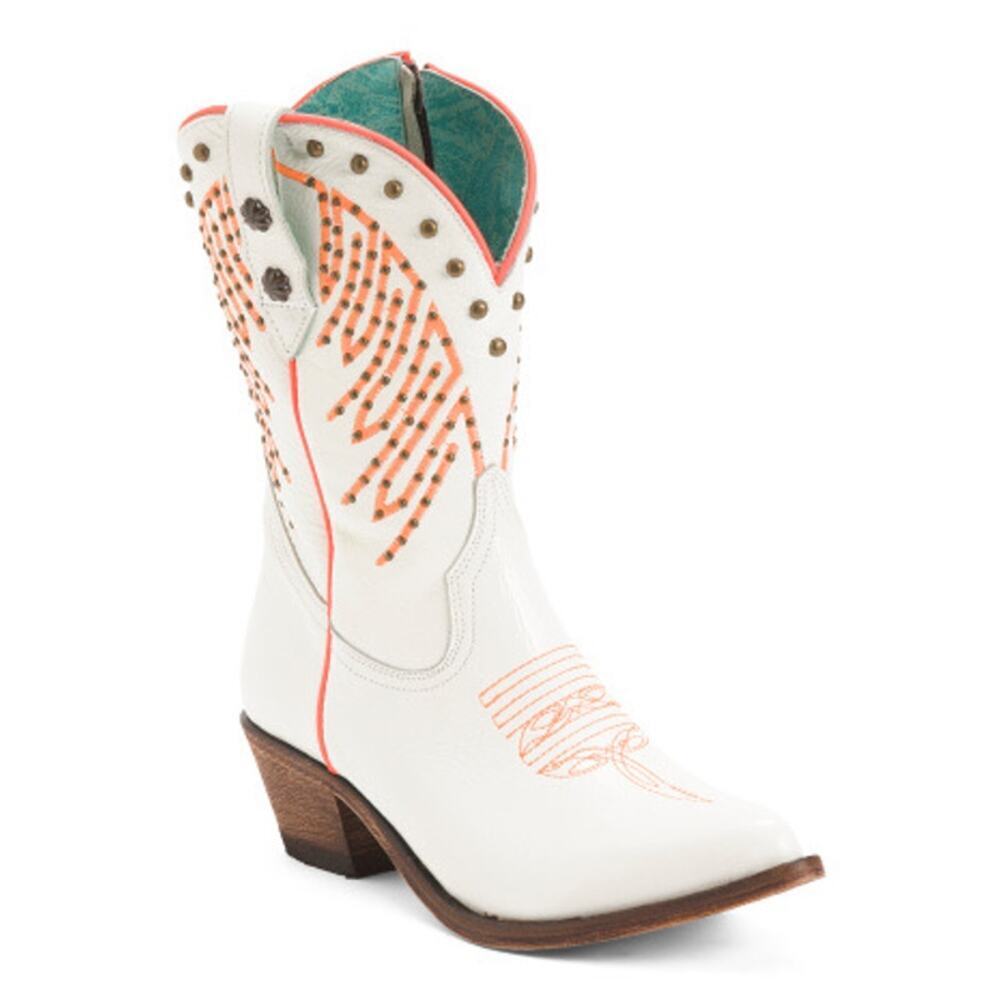 CORRAL White/Orange Leather Fluorescent Embroidered Snip Toe Western Boots NEW!!
